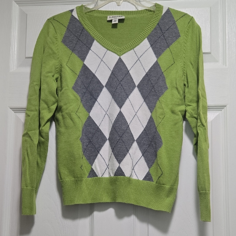 St. John's Bay Green and Gray Argyle V-Neck Sweater